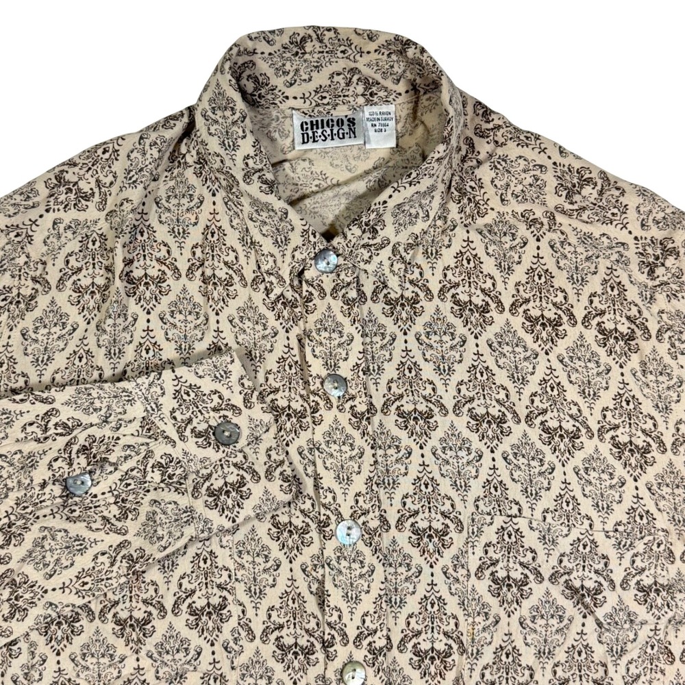 VTG Chicos Design Button Down Womens 3 Tan Damask Boho Dark Academia Artsy Shirt